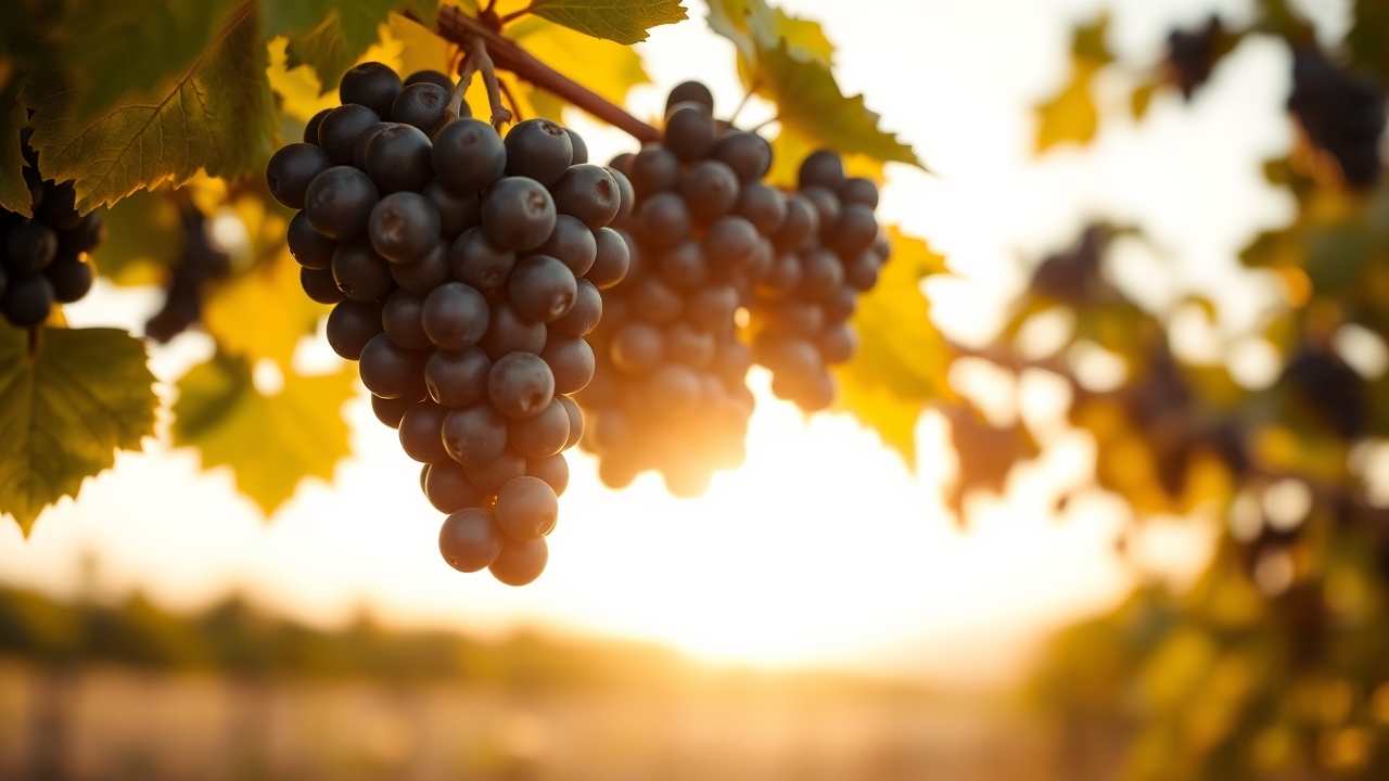 Dark grapes ripening on the vine in the Valley sun.