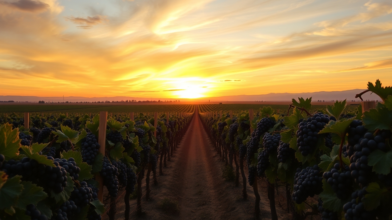 Wine-grape vineyards stretch across the San Joaquin Valley at sunset.
